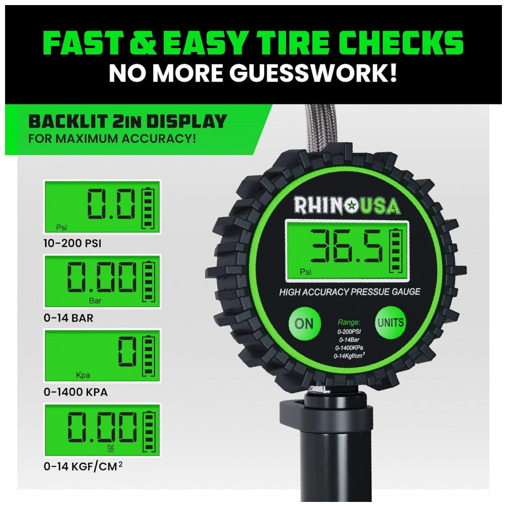 Medidor de Pressão de Pneus Digital Rhino USA com Inflador 0200 PSI, Engate de Ar Resistente e Acessórios para Compressor com Mangueira Trançada de Aç - Imagem 2