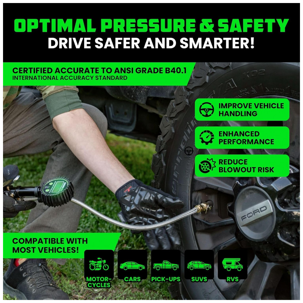 Medidor de Pressão de Pneus Digital Rhino USA com Inflador 0200 PSI, Engate de Ar Resistente e Acessórios para Compressor com Mangueira Trançada de Aç - Imagem 3