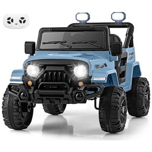 Carro Elétrico Infantil OLAKIDS Azul 12V Controle Remoto Jeep LED Bluetooth 2 Velocidades Suspensão Música USB MP3 3-8 Anos