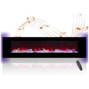 Lareira Elétrica de Embutir A45x182L cm com Alto-Falantes via Bluetooth 8 Opções de Chamas Controle Remoto e Digital 110V 1500W MONDAWE Preta