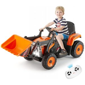 Escavadeira Elétrica Infantil a Bateria 12V com Controle Remoto 2.4 GHz 3 Velocidades Música e Luz LED JOYLDIAS Laranja
