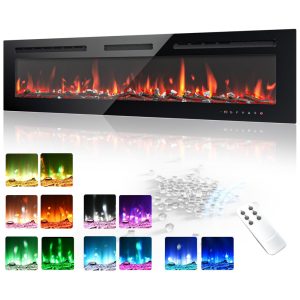 Lareira Elétrica EUHOMY de 152 cm Embutida ou de Parede Chama Ajustável Aquecedor com Controle Remoto Timer Tela Touch Troncos e Cristais