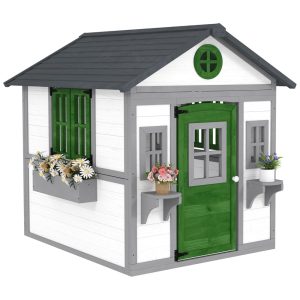 Casa de Bonecas Infantil Outsunny Casinha de Madeira c/ Portas Janelas Vasos e Caixas p/ Crianças de 3 a 8 Anos Casa de Brincar p/ Quintal Branca