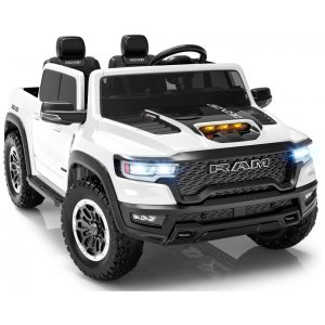 Carro Elétrico Infantil RAM 1500 24V Branco 2 Lugares com Controle Remoto Bluetooth Luzes LED Baú e Cinto de Segurança
