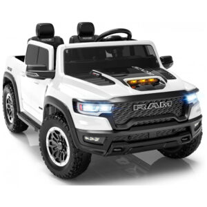 Carro Elétrico Infantil RAM 1500 24V Branco 2 Lugares com Controle Remoto, Bluetooth, Luzes LED, Baú e Cinto de Segurança
