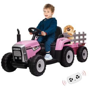 Trator Elétrico Infantil 12V com Controle Remoto Faróis de LED e Mudança de Marcha PINGHU Rosa