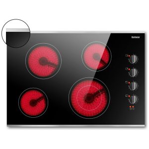 Cooktop Elétrico Karinear 76 cm 4 Bocas Controle por Botão Cooktop Cerâmico Embutido com Proteção de Vidro e Moldura de Metal Indicador de Aquecimento