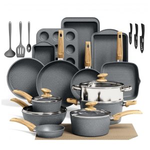 Conjunto de Panelas e Frigideiras Antiaderentes em Granito com Utensílios 30 Peças KITCHEN ACADEMY Cinza