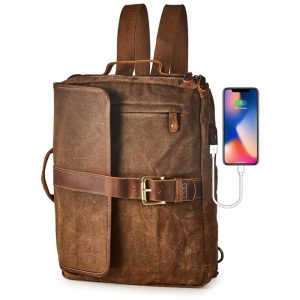 Mochila Vintage de Couro e Lona Encerada Impermeável para Laptop Unissex
