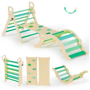 Conjunto BlueWood Pikler Triangle: Brinquedo de Escalada de Madeira para Crianças Filosofia Montessoriana 7 em 1 Design Exclusivo em Verde Verão