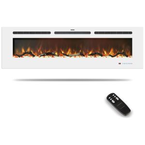 Lareira Elétrica de 183 cm Embutida ou de Parede Aquecedor Linear com Termostato Tela TouchChama MulticoloridaTimer Troncos e Cristais Kentsky