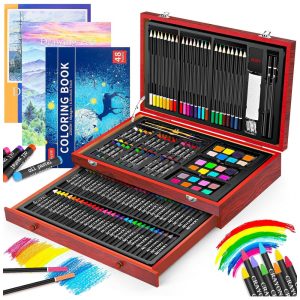 Kit Lápis de Cor Profissional com Maleta de Madeira 150 peças Tintas Acrílicas Aquarela IBAYAM Marrom