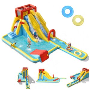 Parque Aquático Inflável até 160 kg com Parede de Escalada Piscina de Respingos e Tobogã Duplo Longo BOUNTECH Colorido