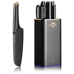 Conjunto de Facas Inteligente em Aço Inoxidável com Bloco de Bancada e Afiador Embutido 6 Peças ZEEKMUSS Preto