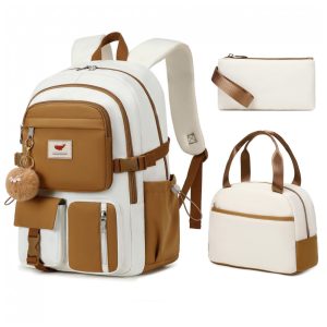 Mochila escolar e para notebook bege cáqui conjunto 3 peças com lancheira e estojo para notebook até 406 cm