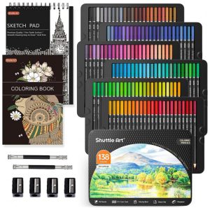 Conjunto de lápis de cor profissionais Shuttle Art 138 cores com núcleo macio acompanha 1 livro de colorir 1 bloco de esboços 4 apontadores 2 ext