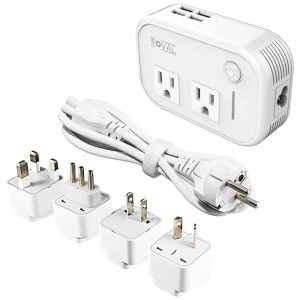 Transformador de Tensão 200W 220V a 110V para Prancha de Cabelo com 4 Portas USB e Adaptador de Tomada FOVAL Branco