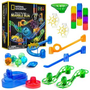Blue Marble: Pacote de Expansão NATIONAL GEOGRAPHIC Glowing Marble Run com 5 Marbles Luminosos de Vidro no Escuro 20 Peças de Construção Luz UV
