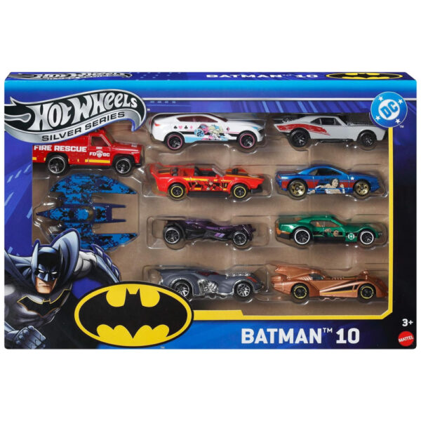 Carrinhos de Brinquedo Hot Wheels, Pacote Batman com 10 Unidades, Conjunto de 10 Veículos Die-Cast, Incluindo um Batmóvel e um Batavião na Escala 1:64