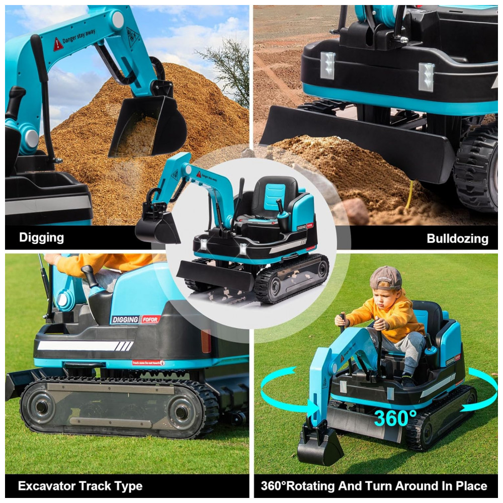 Escavadeira Infantil Elétrica JOYLDIAS Azul 12V 360° Rotativa Buldôzer Controle Remoto MP3 USB Trilhos Multi-Terreno Toolbox - Imagem 2