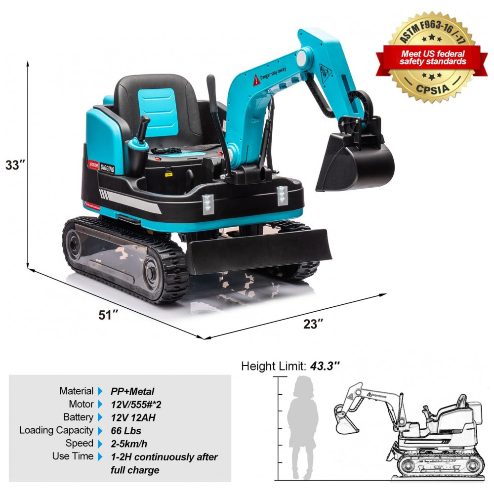 Escavadeira Infantil Elétrica JOYLDIAS Azul 12V 360° Rotativa Buldôzer Controle Remoto MP3 USB Trilhos Multi-Terreno Toolbox - Imagem 6