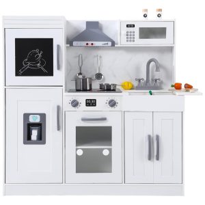 Cozinha Infantil em Madeira com 20 Acessórios Máquina de Gelo Micro-Ondas Forno Exaustor Pia Luzes e Sons Realistas Bophy Branca