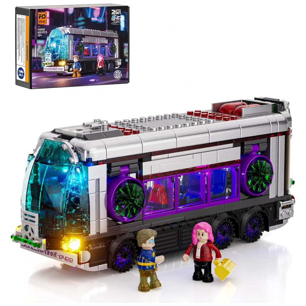 Ônibus Futurista FUNWHOLE Cyberpunk Preto com Iluminação LED 605 Peças 2 em 1 Voador e Terrestre Modelo F9060