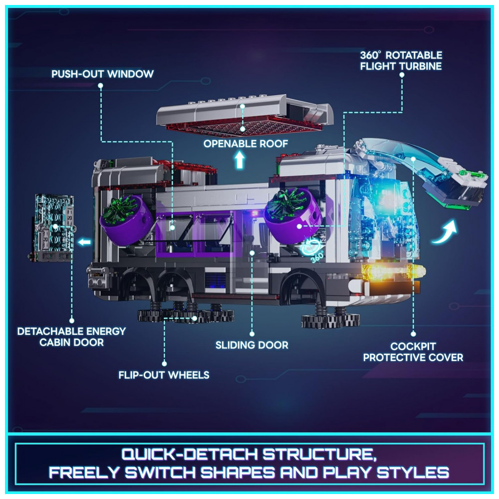 Ônibus Futurista FUNWHOLE Cyberpunk Preto com Iluminação LED 605 Peças 2 em 1 Voador e Terrestre Modelo F9060 - Imagem 2