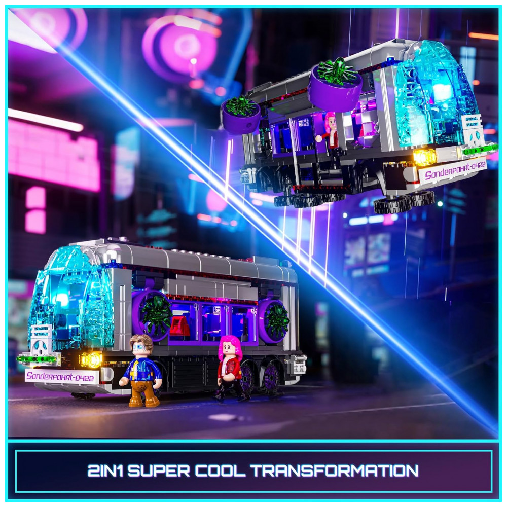Ônibus Futurista FUNWHOLE Cyberpunk Preto com Iluminação LED 605 Peças 2 em 1 Voador e Terrestre Modelo F9060 - Imagem 3
