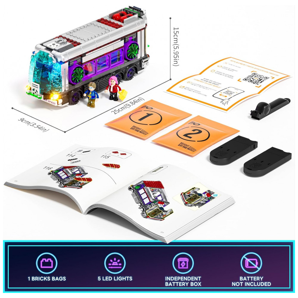 Ônibus Futurista FUNWHOLE Cyberpunk Preto com Iluminação LED 605 Peças 2 em 1 Voador e Terrestre Modelo F9060 - Imagem 5