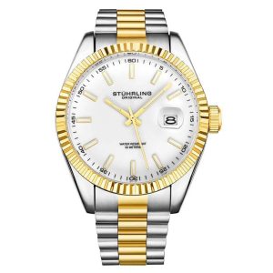 Relgio Stuhrling Lineage 3935 42mm mostrador branco pulseira de ao inoxidvel com fivela disponvel em prata ou dois tons de amarelo ouro e prata.