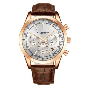 Relgio Stuhrling Rialto 3975L 44mm Crongrafo Prateado com Pulseira de Couro Marrom e Fivela Tang Rosa