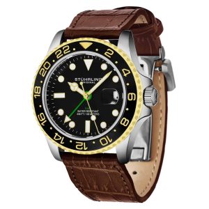 Relogio Meridian 3968L GMT 42mm Mostrador Preto Moldura e Pulseira em Couro Marrom Fivela de Implantacao Stuhrling