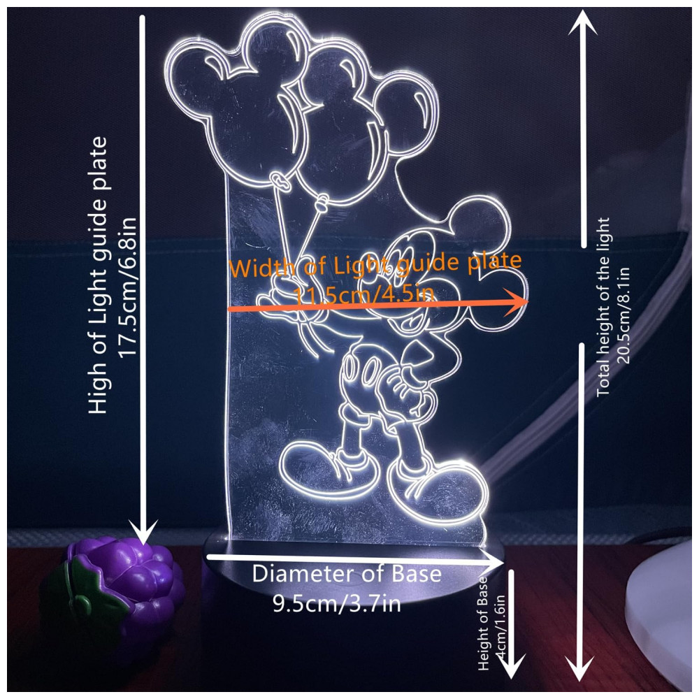 Luminária 3D LED Mickey CUTIA Preta Controle Remoto 16 Cores Acrílico ABS USB/Bateria 25W 45V Infantil Decoração Quarto 134g - Imagem 2
