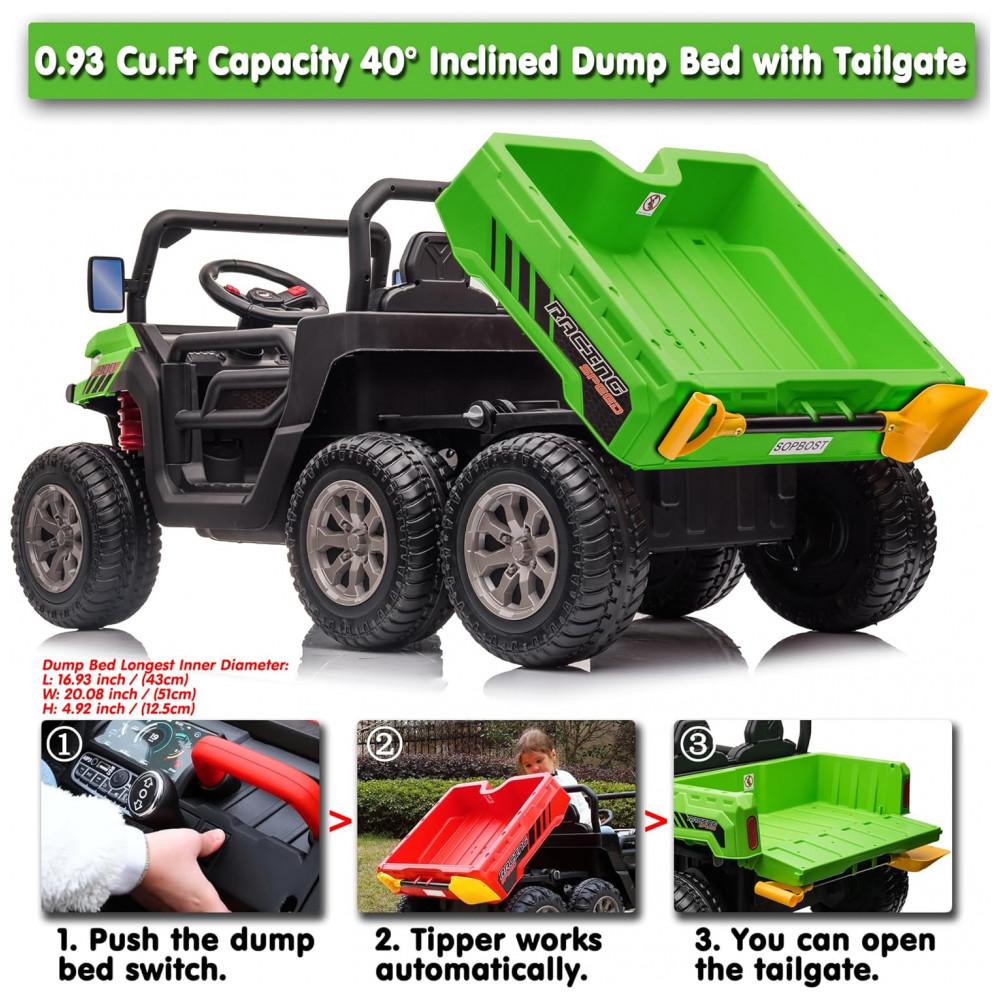 Caminhão Basculante Infantil Elétrico Sopbost Verde 24V 2 Lugares 4 Motores 75W Caçamba Automática 4WD Pneus EVA Controle Bluetooth - Imagem 3