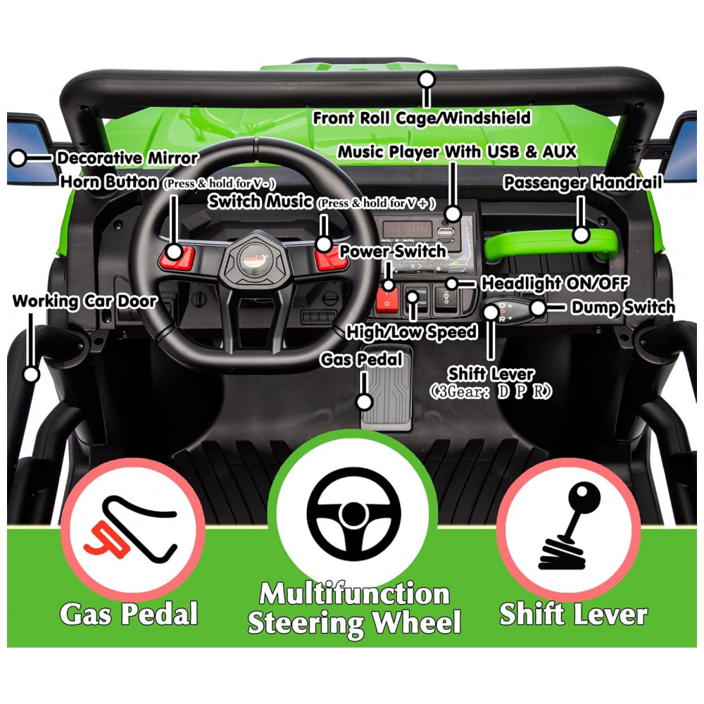 Caminhão Basculante Infantil Elétrico Sopbost Verde 24V 2 Lugares 4 Motores 75W Caçamba Automática 4WD Pneus EVA Controle Bluetooth - Imagem 5