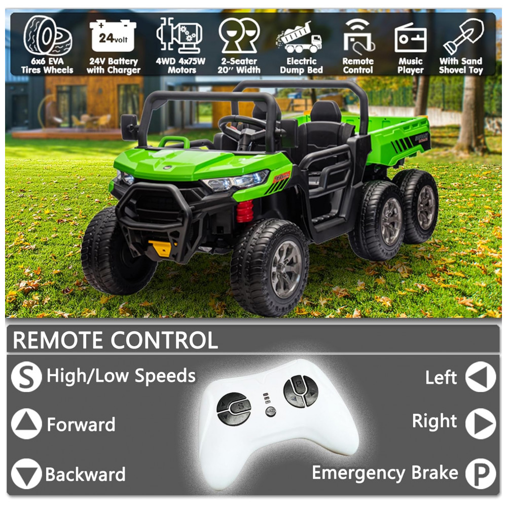 Caminhão Basculante Infantil Elétrico Sopbost Verde 24V 2 Lugares 4 Motores 75W Caçamba Automática 4WD Pneus EVA Controle Bluetooth - Imagem 6