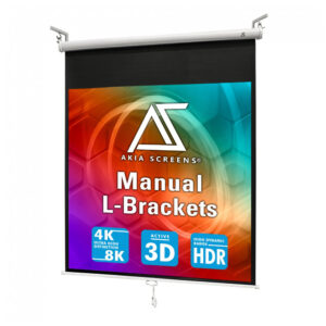Tela de projeção manual 125" Akia Screens 1:1 MaxWhite 2 carcaça branca com suporte L‑Bracket