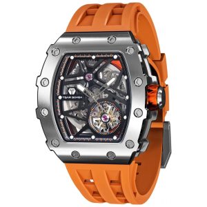 Relógio Masculino Analógico Automático a Prova dÁgua 50M com Pulseira de Silicone TSAR BOMBA TB 820679SGLZ Laranja