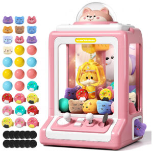 Máquina de Garra Mini Arcade Jovow Doggy Pink para Crianças com Brinquedos, Música e Dispensador de Prêmios