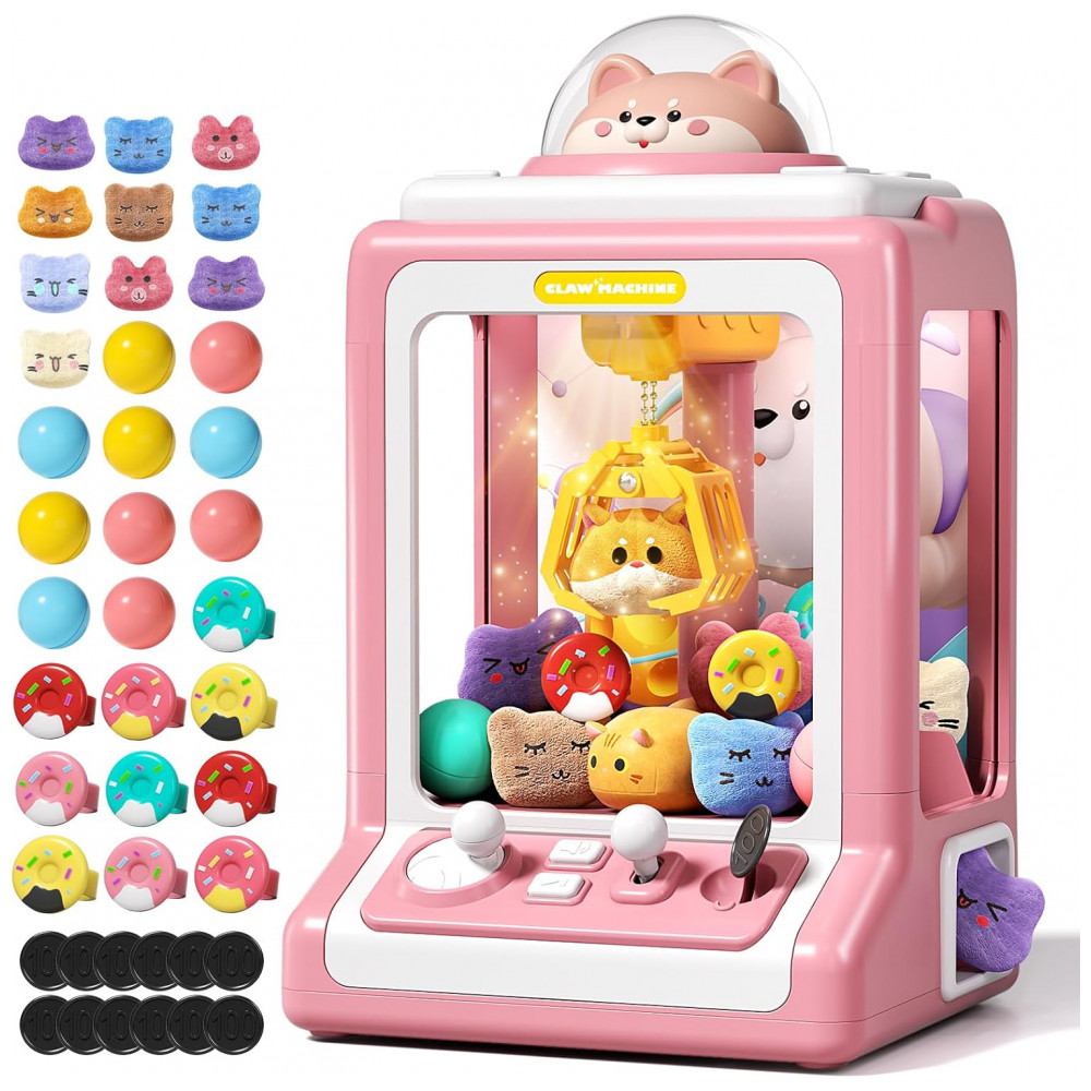 Máquina de Garra Mini Arcade Jovow Doggy Pink para Crianças com Brinquedos, Música e Dispensador de Prêmios