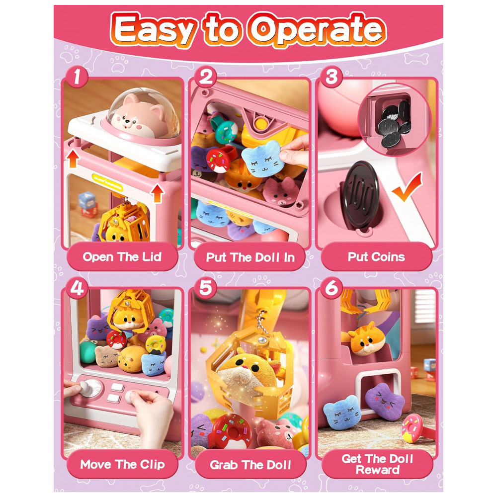 Máquina de Garra Mini Arcade Jovow Doggy Pink para Crianças com Brinquedos, Música e Dispensador de Prêmios - Imagem 3