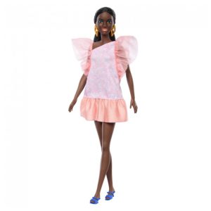Barbie Fashionistas Boneca 216 Corpo Alto Cabelos Pretos Rabo de Cavalo Vestido Festa Rosa Pêssego - 65 Anos Colecionável 2023