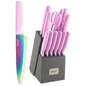 Conjunto de Facas Hecef em Titânio com Bloco de Bancada e Afiador Embutido 14 Peças Rosa