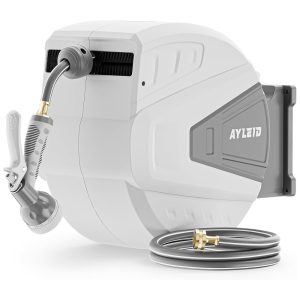 Mangueira de Jadim 30M com Enrolador Retrátil Bico Pulverizador 9 Funções e Sistema de Retorno Lento Ayleid Cinza e Branco