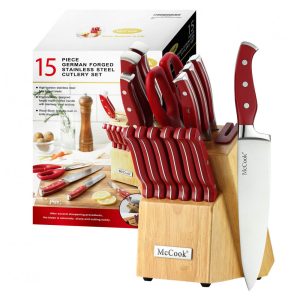 Conjunto de Facas em Aço Inoxidável com Afiador Embutido e Bloco de Bancada 15 Peças MCCOOK MC24 Vermelho