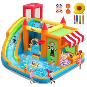 Parque Aquático Inflável com Tobogã Aquático FBSPORT Diversão Garantida para Crianças com Quiosque de Brinquedos Piscina de Respingos.