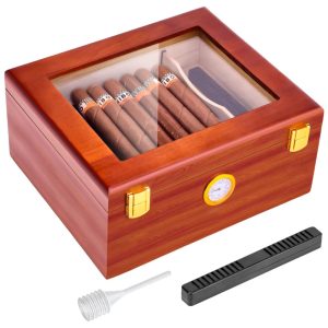 Umidor de Charutos de Mesa com Higrômetro Umidificador e Divisor em Cedro Espanhol e Vidro para Armazenar CharutosTireQuik.