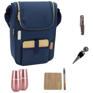 Bolsa Térmica para Vinho e Queijo Truvelli Plush Picnic 7 em 1 Isolada para 2 Garrafas - Presente Ideal para Amantes de Vinho - Azul