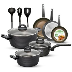 Jogo de Panelas e Frigideiras Antiaderentes em Alumínio com Utensílios 12 Peças NutriChef Cinza